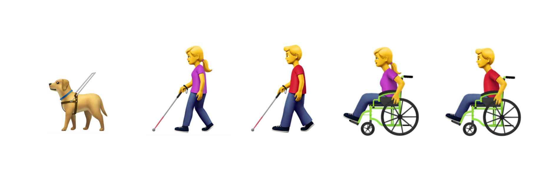 Emojis de un perro guía, de una chica y un chico con discapacidad visual y de una chica y un chico en silla de ruedas.