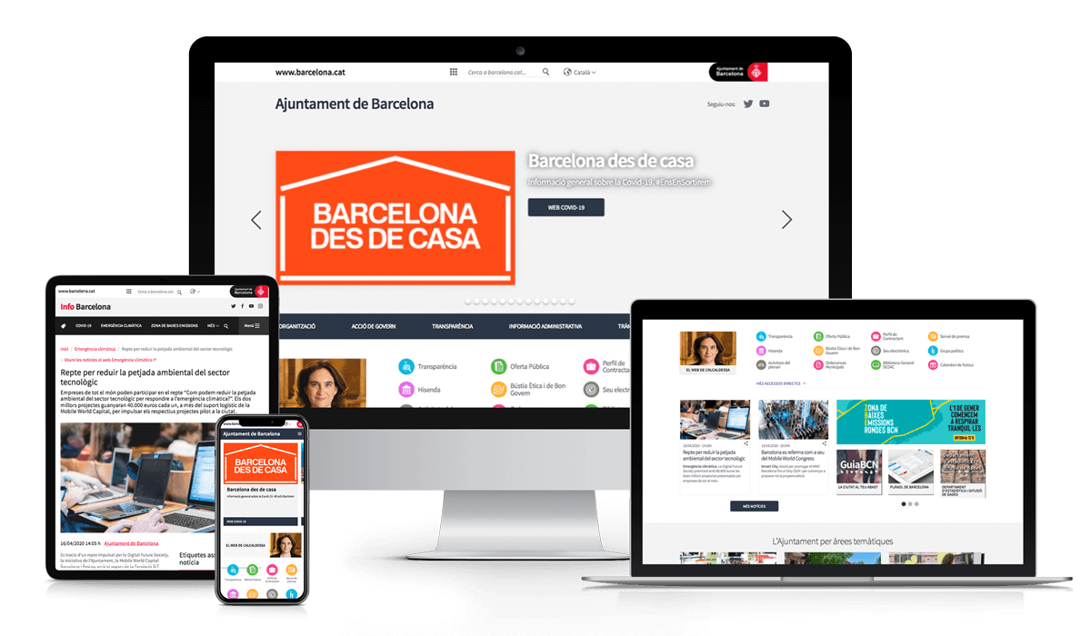 Vista del sitio web "Ayuntamiento de Barcelona" en diferentes dispositivos