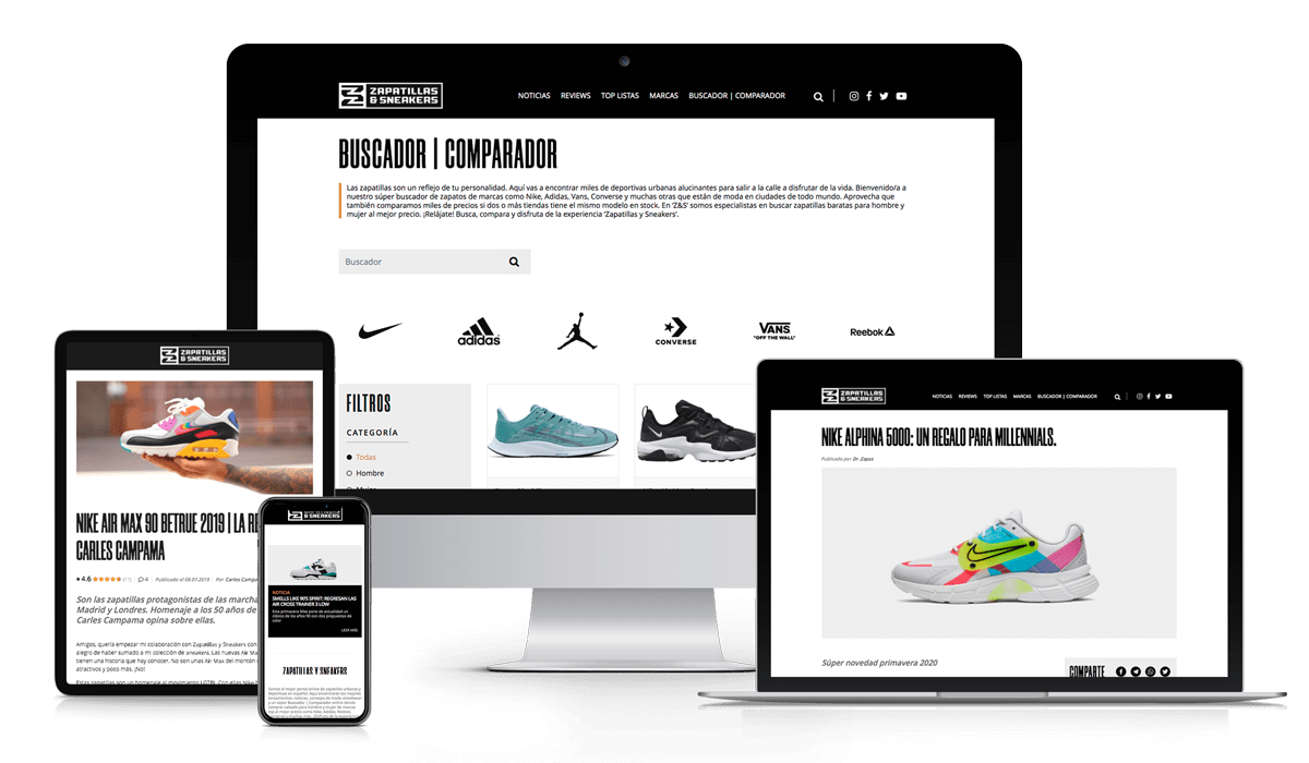 Vista del lloc web de "zapatillas i sneakers" en diversos dispositius