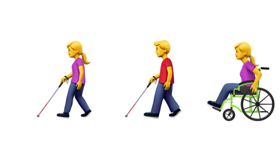 Emojis d'un gos pigall, d'una noia i un noi amb discapacitat visual i d'una noia i un noi en cadira de rodes.